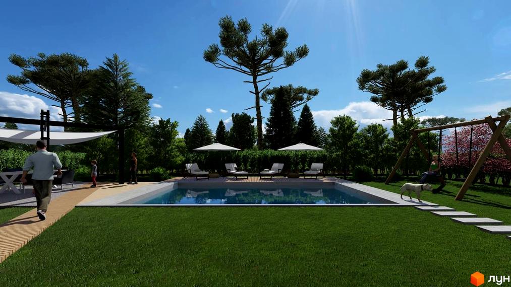 Котеджне містечко КМ BY THE RIVER з басейном, лежаками та зоною відпочинку. На території є дитячий майданчик та зелена галявина.