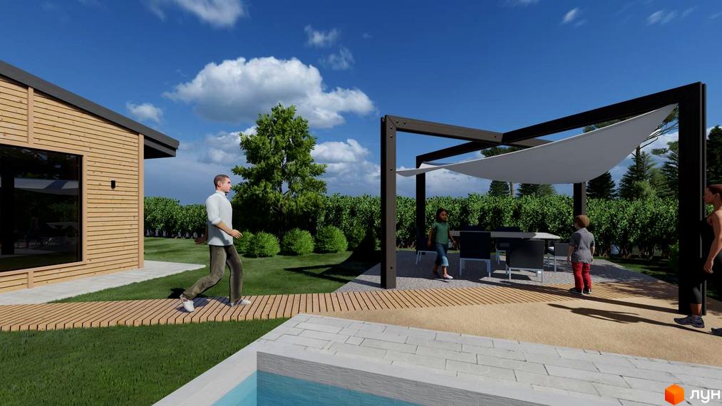 Котеджне містечко КМ BY THE RIVER з дерев'яним фасадом та зоною відпочинку з навісом. Навколо будинку зелена галявина та кущі.