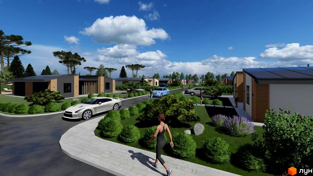 Котеджне містечко КМ BY THE RIVER: одноповерхові будинки з пласкими дахами та дерев'яними елементами фасаду, розташовані серед зелених насаджень та доглянутих газонів.