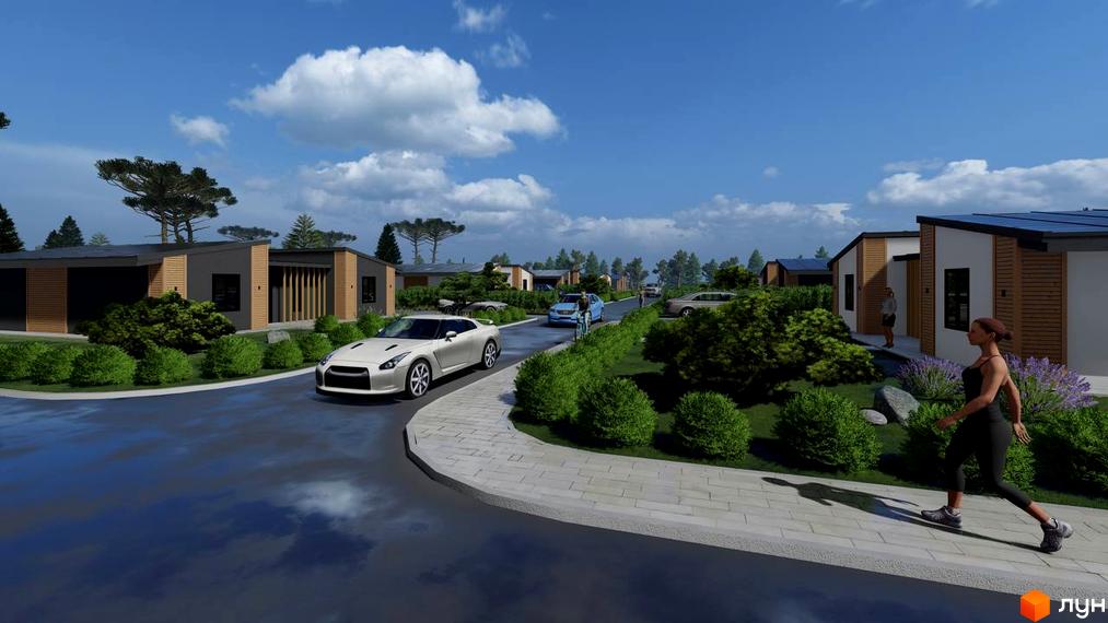 Котеджне містечко КМ BY THE RIVER. Зовнішній вигляд одноповерхових будинків з сонячними панелями на даху та доглянутою прибудинковою територією з зеленими насадженнями.