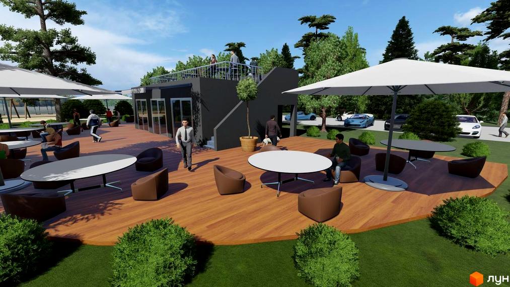 КМ BY THE RIVER: відкритий майданчик з терасою та зонами відпочинку біля річки. На території комплексу розташовані сучасні автомобілі та зелені насадження.