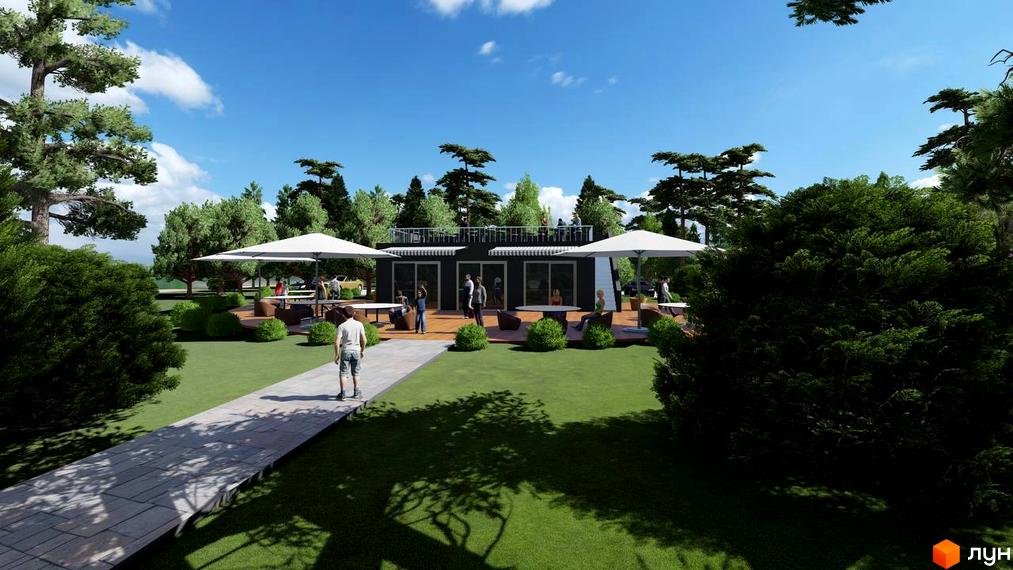 Котеджне містечко КМ BY THE RIVER: сучасна двоповерхова будівля з терасою та прибудинковою територією з парасольками та зонами відпочинку.