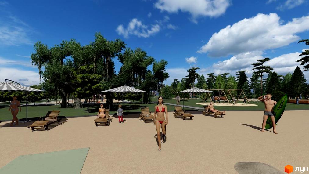 Котеджне містечко КМ BY THE RIVER з піщаною зоною, шезлонгами та парасолями на тлі зелених дерев та блакитного неба. На території є дитячий майданчик та зона відпочинку.