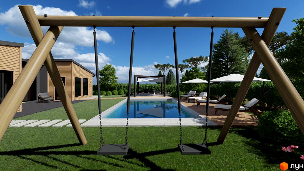 Котеджне містечко КМ BY THE RIVER: дерев'яний будинок з великими вікнами та зоною відпочинку біля басейну з гойдалками.