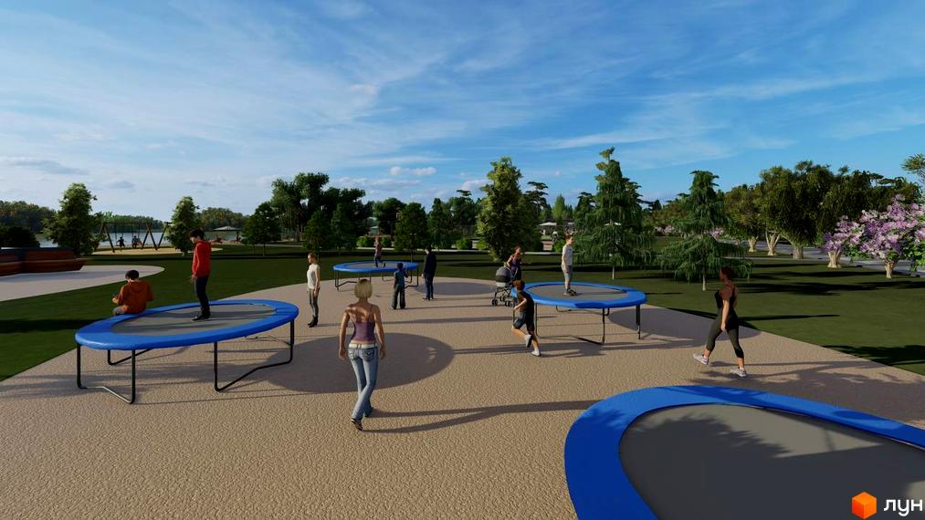 Котеджне містечко КМ BY THE RIVER з зоною для відпочинку та батутами. На території комплексу розташовані дитячі майданчики та зелені зони для прогулянок.