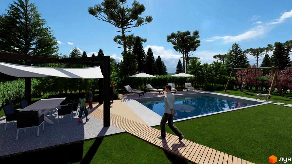 Котеджне містечко КМ BY THE RIVER з басейном, зоною відпочинку та дитячим майданчиком. Зелена прибудинкова територія з деревами та квітами.