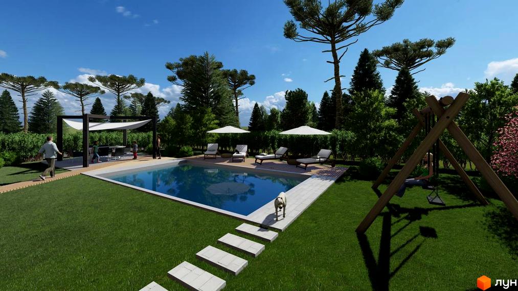 Котеджне містечко КМ BY THE RIVER: сучасний басейн з шезлонгами, альтанкою та дитячим майданчиком на зеленій території.