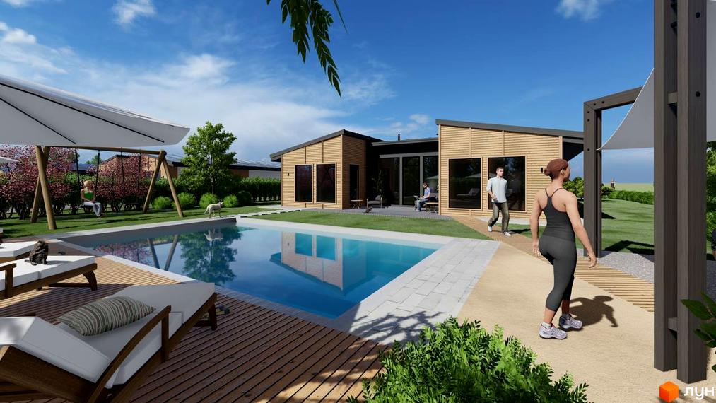 Котеджне містечко КМ BY THE RIVER з басейном та зоною відпочинку. Сучасна архітектура будинків та доглянута прибудинкова територія.