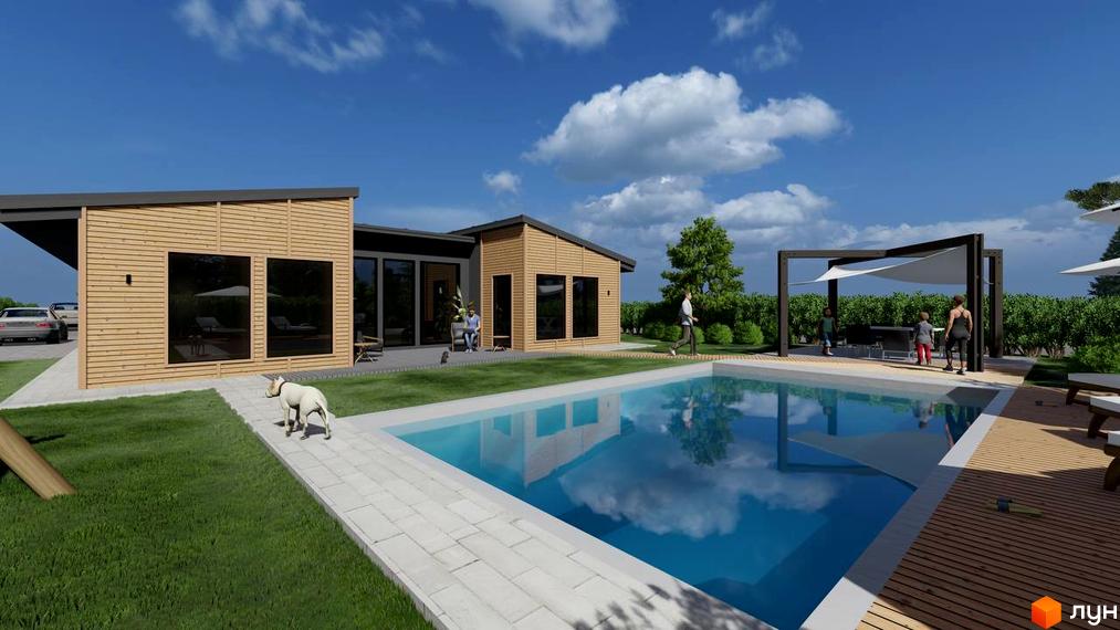 Котеджне містечко КМ BY THE RIVER з дерев'яним фасадом та великими вікнами біля басейну з шезлонгами та зоною відпочинку під навісом.