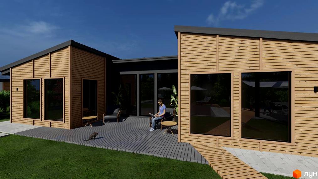 Котеджне містечко КМ BY THE RIVER: двоповерховий будинок з дерев'яним фасадом, великими вікнами та терасою. Навколо будинку зелений газон та облаштована прибудинкова територія.