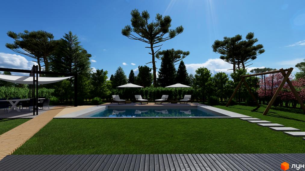 Котеджне містечко КМ BY THE RIVER з басейном, шезлонгами та зеленою зоною. На території є альтанка з обіднім столом та гойдалка.