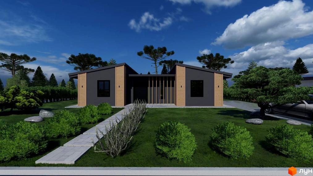 Котеджне містечко КМ BY THE RIVER: двоповерховий будинок з темним фасадом та дерев'яними елементами, розташований на доглянутій ділянці з газоном та кущами.