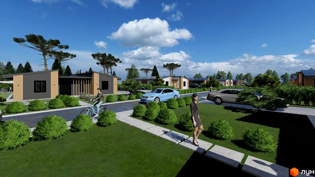 Котеджне містечко КМ BY THE RIVER: одноповерхові будинки з сірими фасадами та дерев'яними елементами, зелені газони та доглянуті кущі.