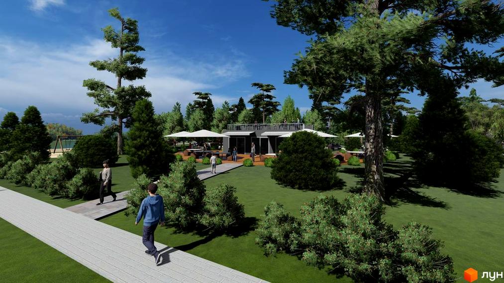 Будівельний проєкт КМ BY THE RIVER з зоною відпочинку та дитячим майданчиком. На території комплексу розташовані сучасні будівлі та зелені насадження.