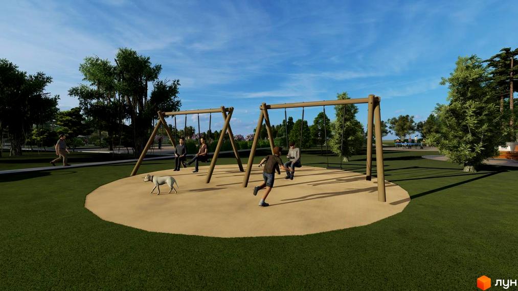 Котеджне містечко КМ BY THE RIVER: дитячий майданчик зі гойдалками та зелена зона з деревами. Парк для відпочинку біля річки.