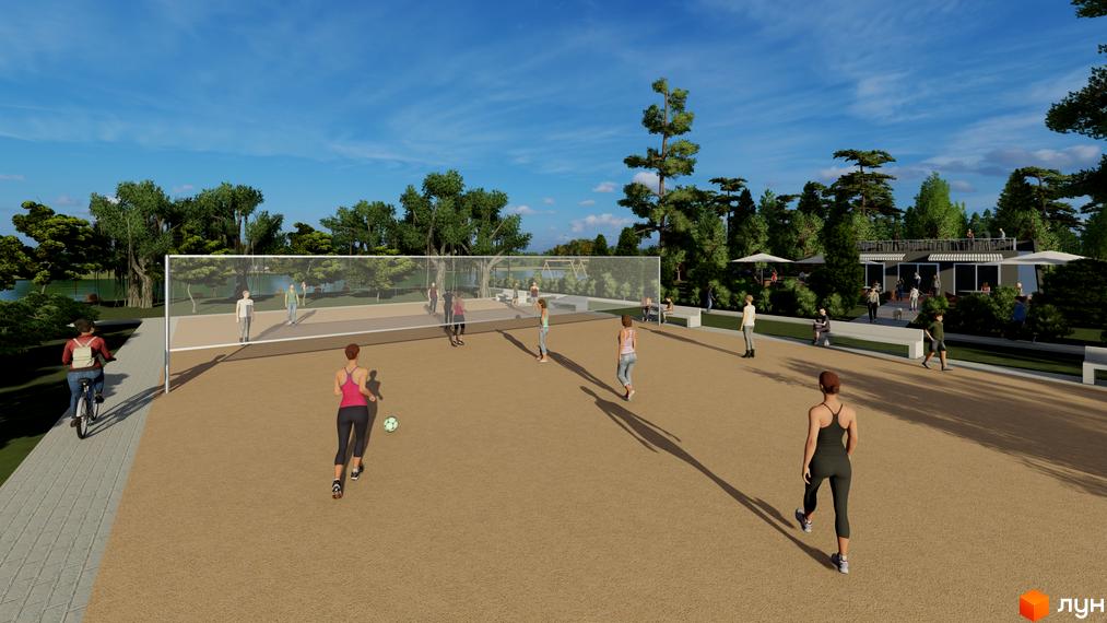 Котеджне містечко КМ BY THE RIVER з зоною для волейболу та відпочинку біля води. На території комплексу розташовані зелені насадження та сучасна будівля з терасою.