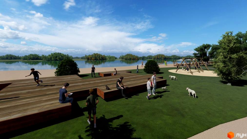 КМ BY THE RIVER: вид на набережну з дерев'яною терасою та зонами відпочинку, дитячим майданчиком та зеленими зонами біля річки.