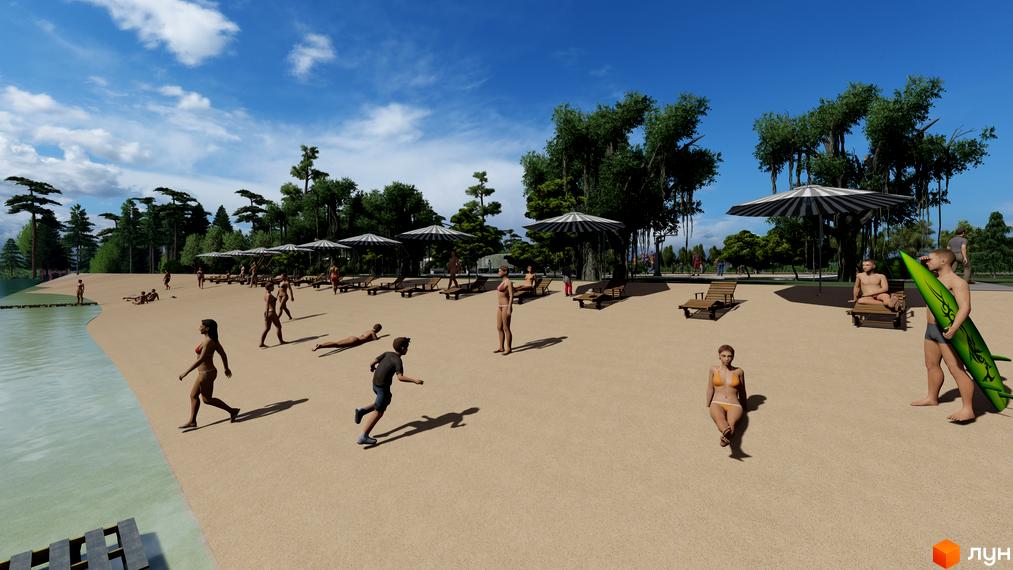 Відпочинок на пляжі біля КМ BY THE RIVER: люди насолоджуються сонцем та морем на піщаному березі серед зелені та парасольок.