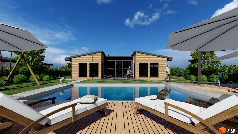 Котеджне містечко КМ BY THE RIVER з басейном та зоною відпочинку. Сучасний будинок з дерев'яним фасадом та великими вікнами.