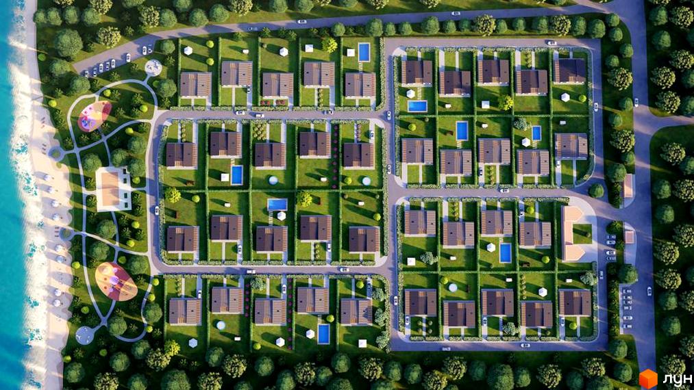 Котеджне містечко КМ BY THE RIVER з будинками та басейнами, розташоване біля річки та пляжу з дитячим майданчиком.