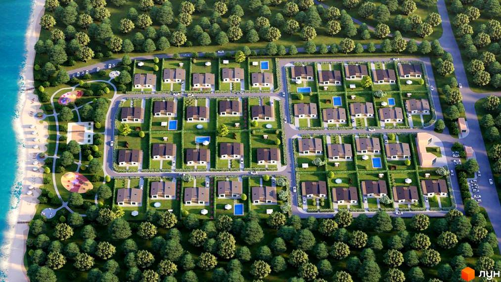 Котеджне містечко КМ BY THE RIVER з індивідуальними басейнами та зеленою територією біля моря. На території є дитячі майданчики та зони відпочинку.