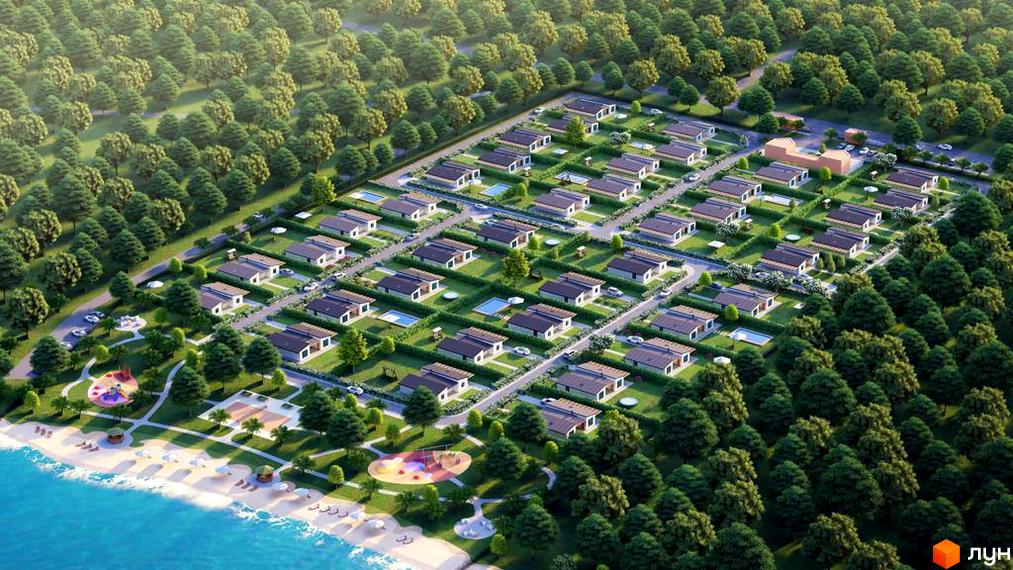 Котеджне містечко КМ BY THE RIVER з сучасними будинками та басейнами, розташоване біля пляжу та оточене деревами.