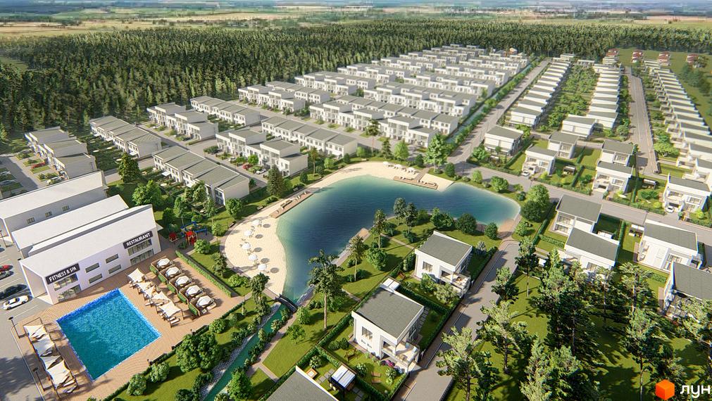 Котеджне містечко Riviera Bucha: білі двоповерхові будинки з сірими дахами, розташовані біля великого озера з пляжем, басейном та фітнес-центром.