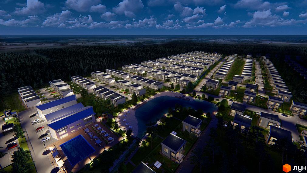 Котеджне містечко КМ Riviera Bucha вночі. Сучасні будинки з підсвіткою та озеро з зоною відпочинку.