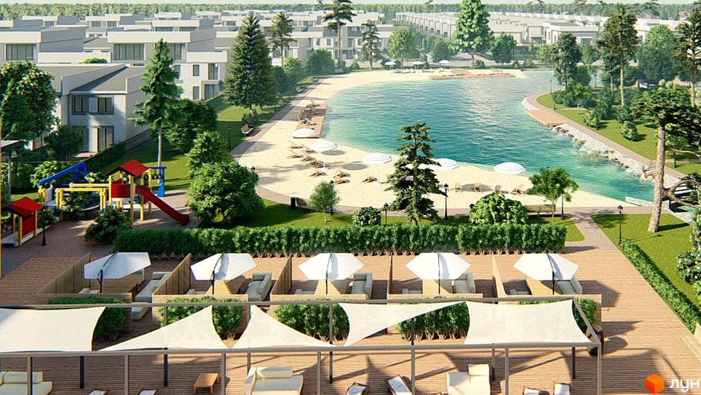 Котеджне містечко КМ Riviera Bucha з пляжем та зоною відпочинку. На зображенні видно сучасні будинки та зелену територію комплексу.