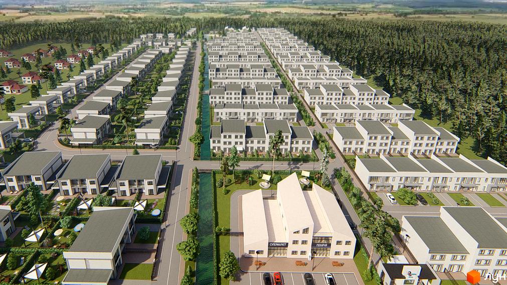 Котеджне містечко Riviera Bucha з рядами будинків світлого кольору та сірими дахами. Територія має зелені насадження, дороги та канал.