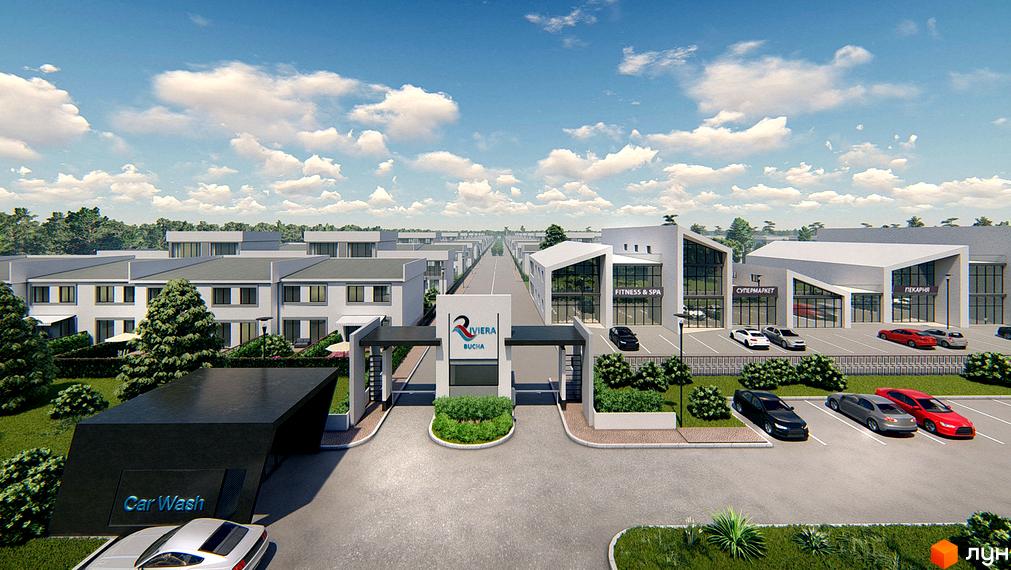 Панорамний вигляд котеджного містечка Riviera Bucha з двоповерховими будинками, комерційними спорудами, в'їзною групою та автомийкою.