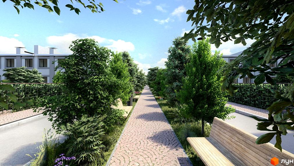 Котеджне містечко Riviera Bucha: світлі будинки з прямокутними вікнами, оточені довгою алеєю з зеленими деревами та лавками.