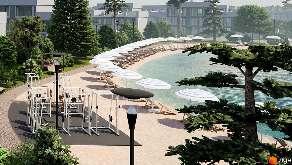 Котеджне містечко Riviera Bucha: сучасний житловий комплекс з зоною відпочинку біля води та спортивним майданчиком.