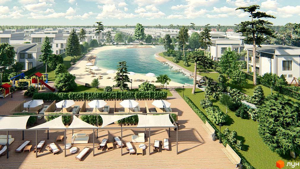 Котеджне містечко КМ Riviera Bucha з озером, пляжем та зонами відпочинку. На території розташовані сучасні будинки, дитячий майданчик та зелені насадження.