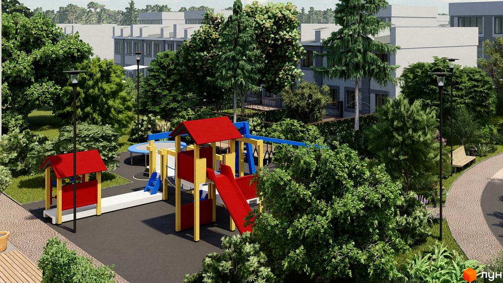 Котеджне містечко Riviera Bucha: дитячий майданчик з гіркою та батутом на тлі багатоповерхових будинків та зелених дерев. Прибудинкова територія з лавкою та доріжками.