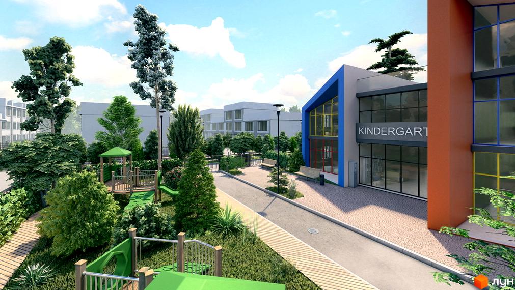 Будівля дитячого садка Котеджного містечка Riviera Bucha з яскравим фасадом та панорамними вікнами. Прилегла територія має зелені насадження та дитячий майданчик.