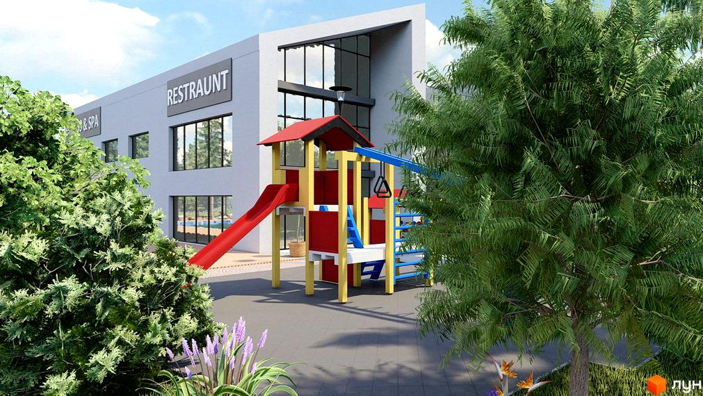 Будівля Котеджного містечка Riviera Bucha зі світлим фасадом та панорамними вікнами. Поруч розташований яскравий дитячий майданчик серед дерев.