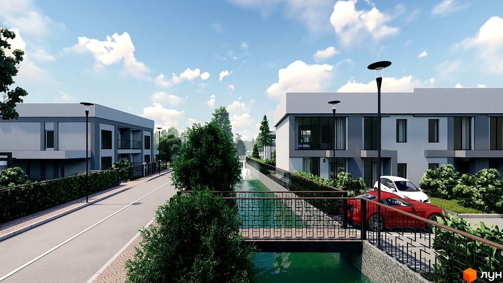 Котеджне містечко Riviera Bucha: двоповерхові будинки сірого кольору з великими вікнами, розташовані біля каналу з водою та зелені. Поруч дорога та припарковані автомобілі.