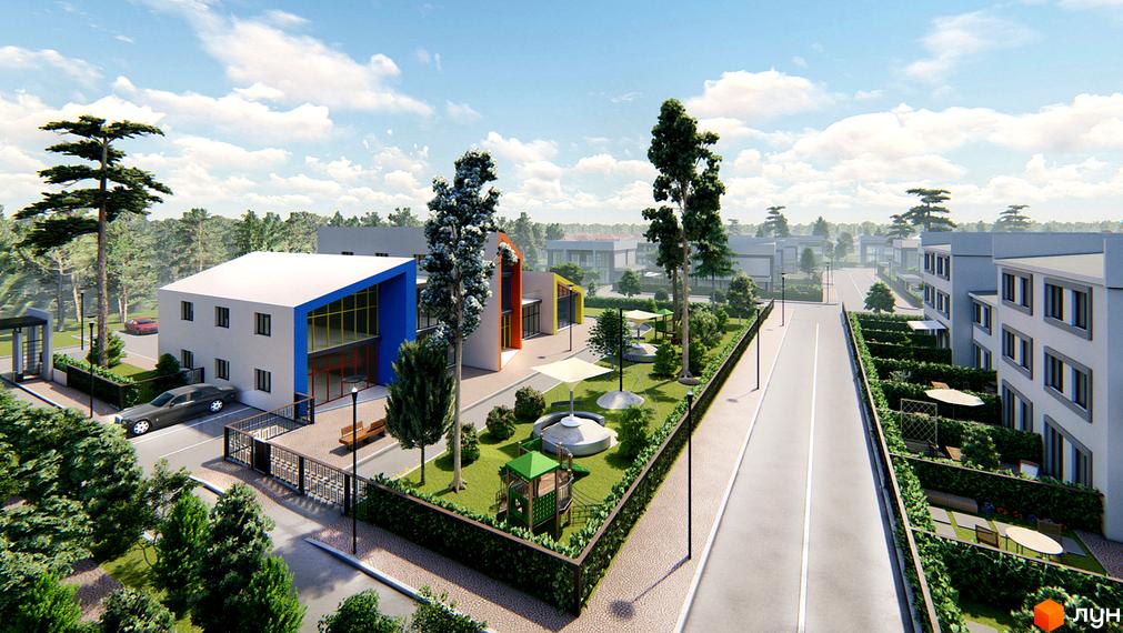 Котеджне містечко Riviera Bucha: фасади будівель та зелена прибудинкова територія з дитячим майданчиком і зонами відпочинку.