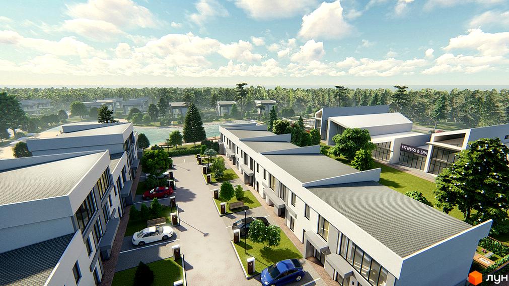 Котеджне містечко Riviera Bucha. Фасади будинків світлого кольору, поруч паркінг, зелені насадження та будівля 