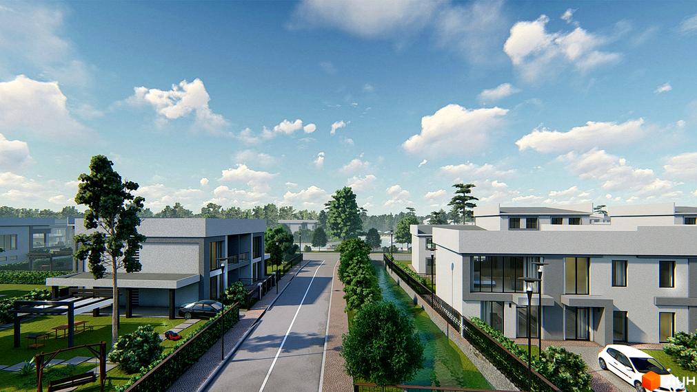 Котеджне містечко КМ Riviera Bucha. Сучасні двоповерхові будинки з панорамними вікнами та доглянутою прибудинковою територією з деревами та газоном.