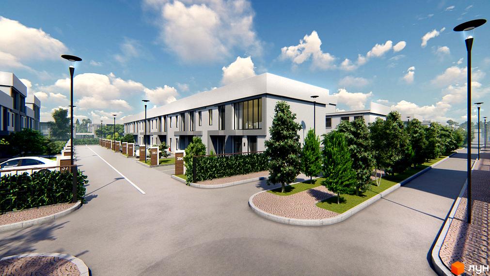 Котеджне містечко Riviera Bucha: сучасні таунхауси з великими вікнами та доглянутою прибудинковою територією з деревами та освітленням.