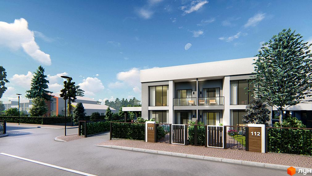 Котеджне містечко Riviera Bucha: двоповерхові будинки з балконами та великими вікнами, огороджена територія з парканом та озелененням.