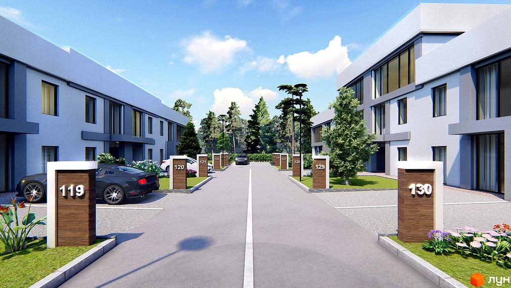 Котеджне містечко KМ Riviera Bucha. Зовнішній вигляд будинків та прибудинкова територія з номерами будинків 119 та 130.