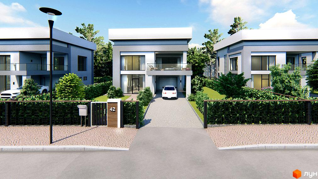 Котеджне містечко Riviera Bucha: сірі двоповерхові будинки з великими вікнами та балконами, доріжки та зелені насадження.