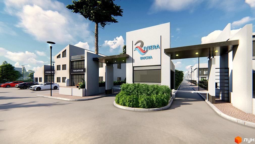 Котеджне містечко Riviera Bucha: фасади будівель та вхідна група з паркуванням та зеленими насадженнями.