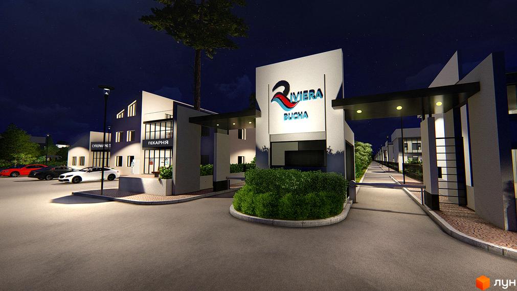 Котеджне містечко Riviera Bucha вночі. Сучасний дизайн будівель та освітлення території комплексу, парковка з автомобілями.