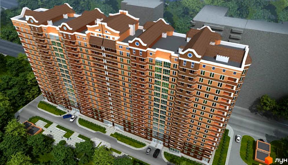 Висотна будівля житлового комплексу Нагірний з коричневими фасадами та дахом. На прибудинковій території є зелені насадження та парковка.