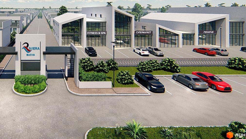 Котеджне містечко Riviera Bucha з сучасними фасадами та паркінгом. Територія комплексу озеленена, з доглянутими газонами та кущами.