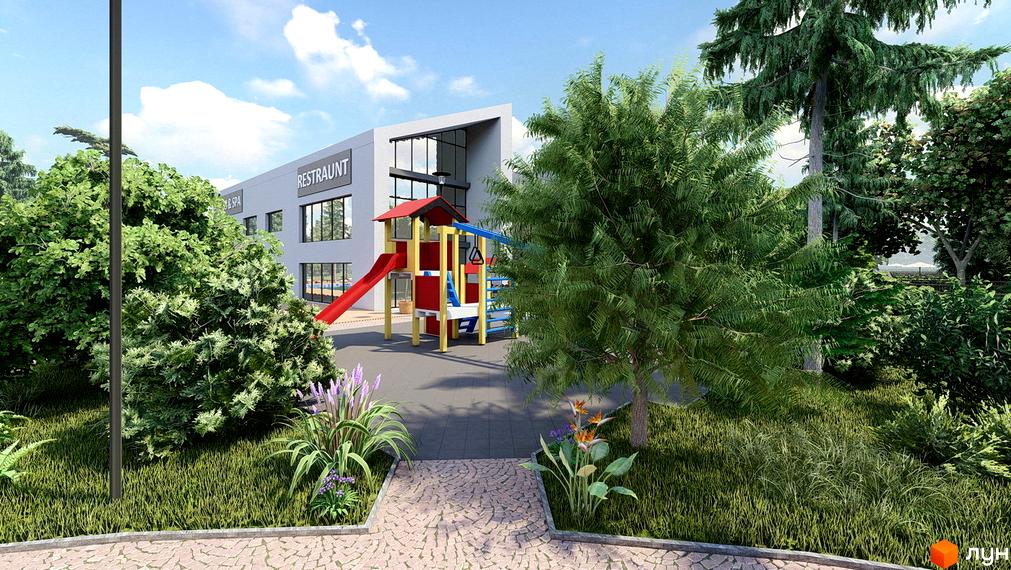Котеджне містечко Riviera Bucha: сіра будівля з великими вікнами та вивіскою «RESTRAUNT», поряд дитячий майданчик і зелені насадження.